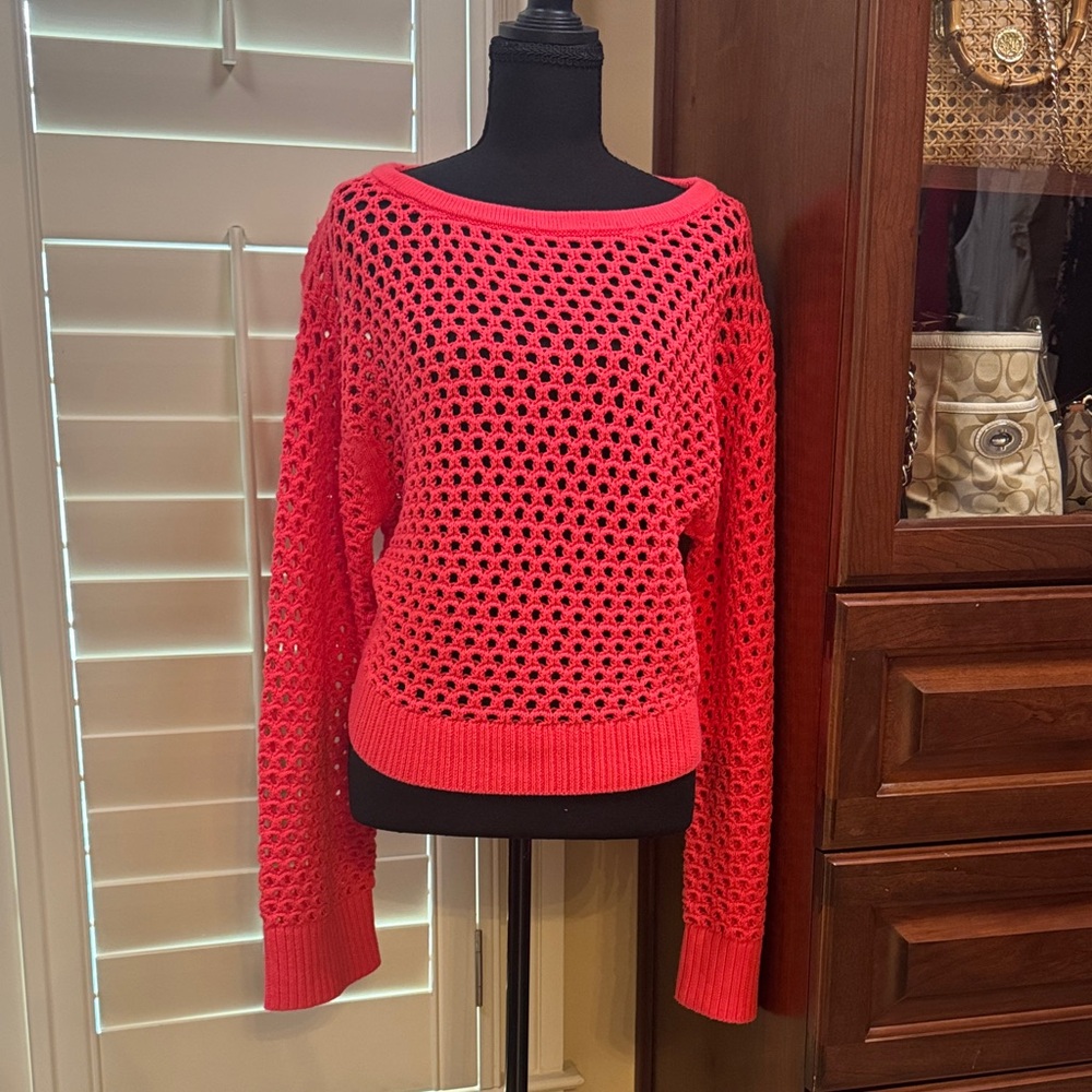 J. Crew Bright Coral Pink Open-Knit Sweater, Size S, NWOT
